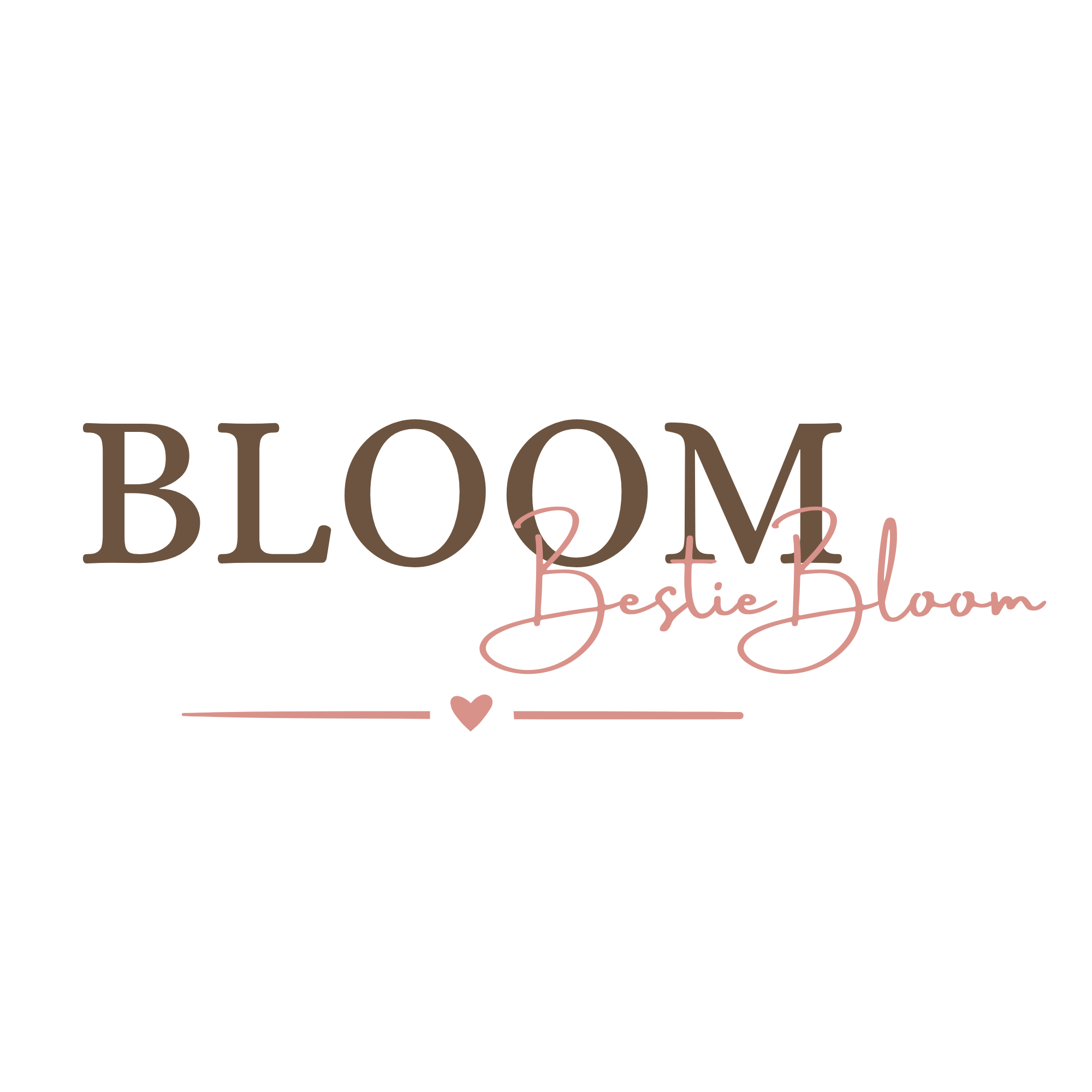 Der Text auf der Grafik lautet ‚BLOOM & M’ in großen braunen Buchstaben, darunter ‚Beste Blumen‘ in eleganter roter Schrift und eine kleine rosa Herzform darunter.