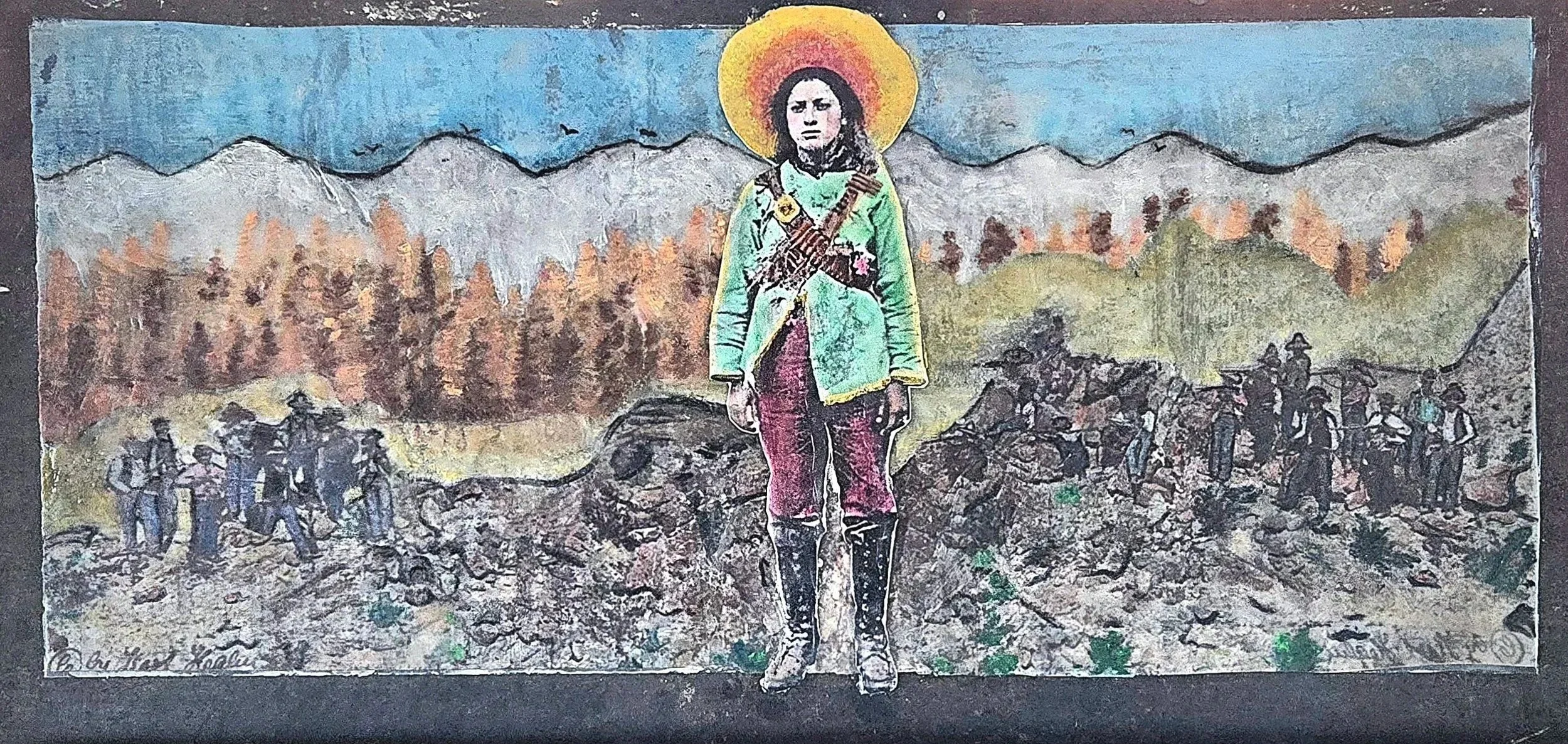 Adelita al frente - encaustic/oil on metal 2025