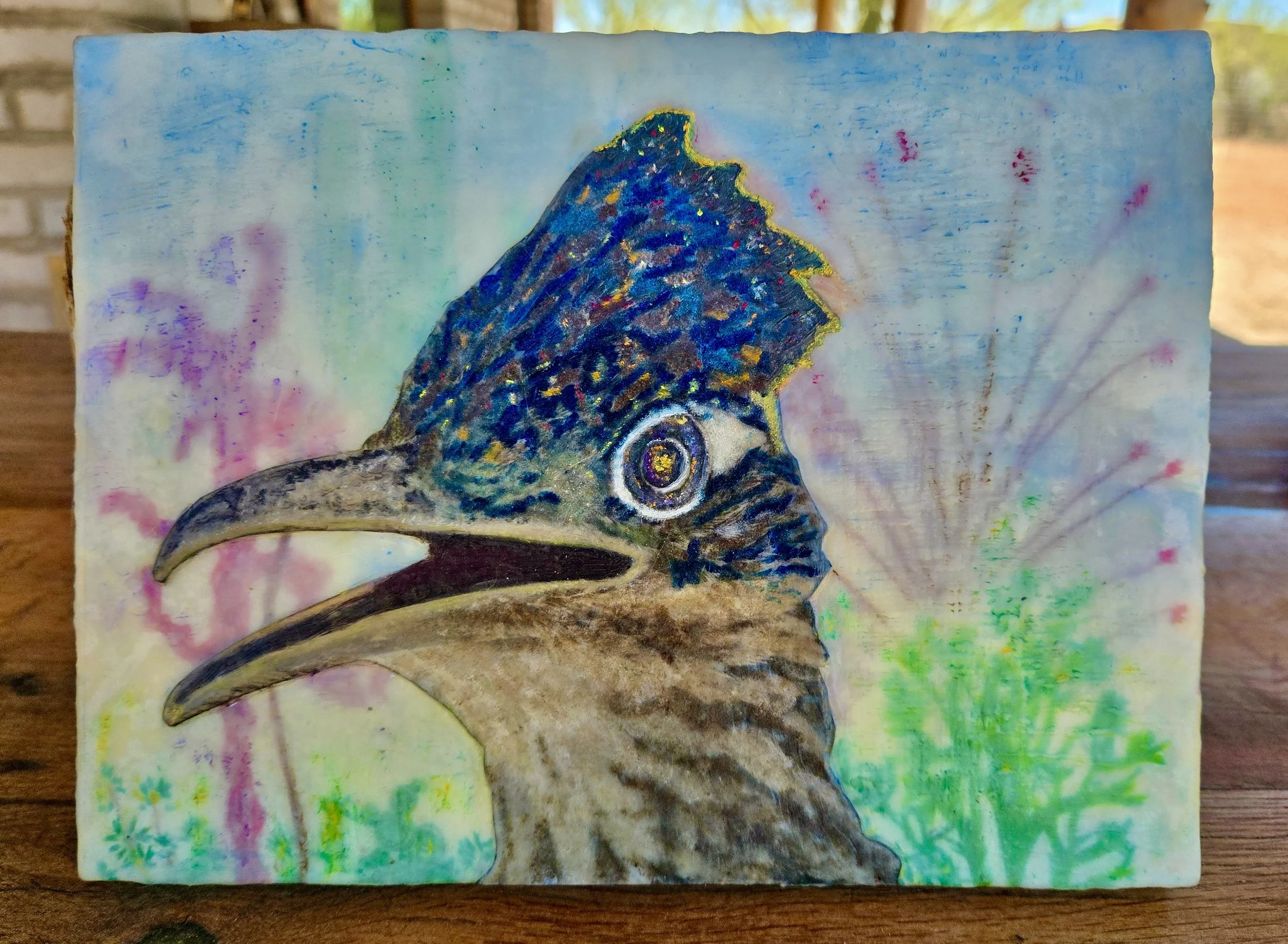 Roadrunner 1st in series
Encaustic/oil on wood
2026