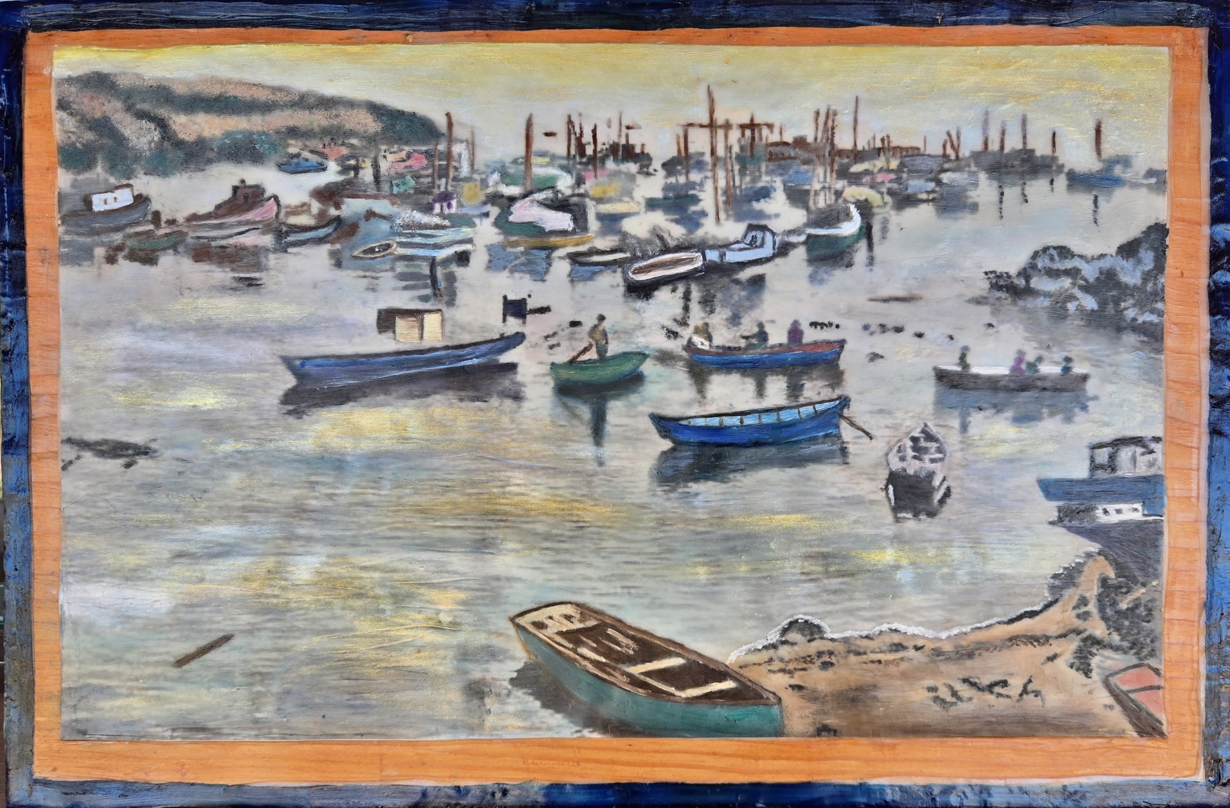  Crowded bay on Lopez. Encaustic/oil on wood