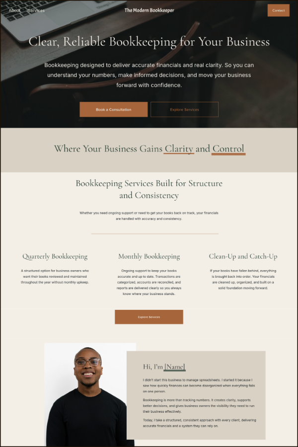 Modern dark Squarespace bookkeeping website template with terracotta accents and professional layout