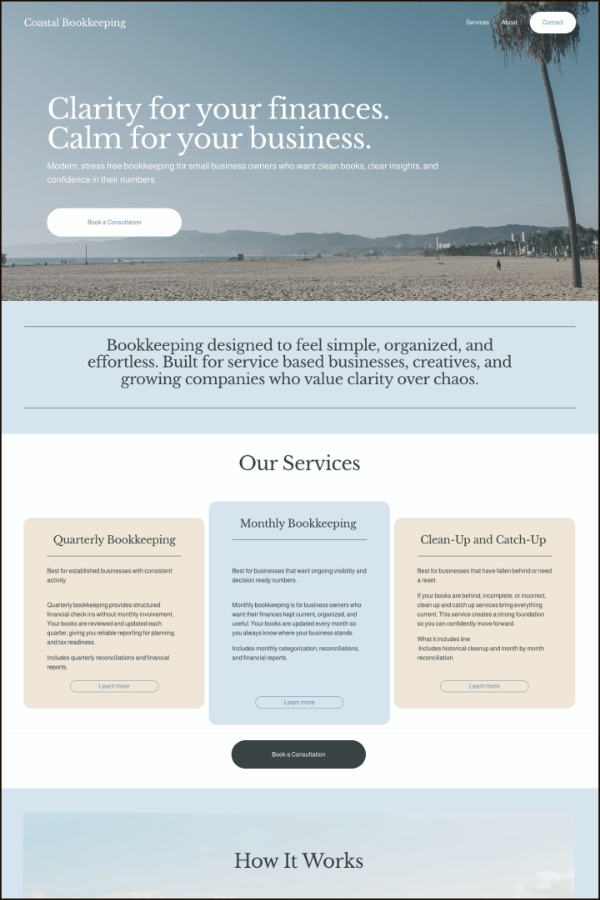 Coastal Squarespace bookkeeping website template with light airy design and beachy color palette
