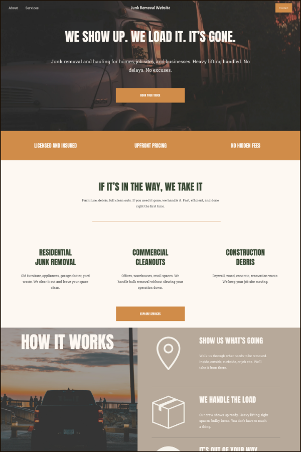 Squarespace website template for junk removal and hauling businesses with dark bold design
