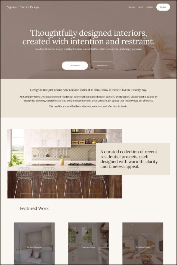 Squarespace interior design website template with warm neutral tones and portfolio layout