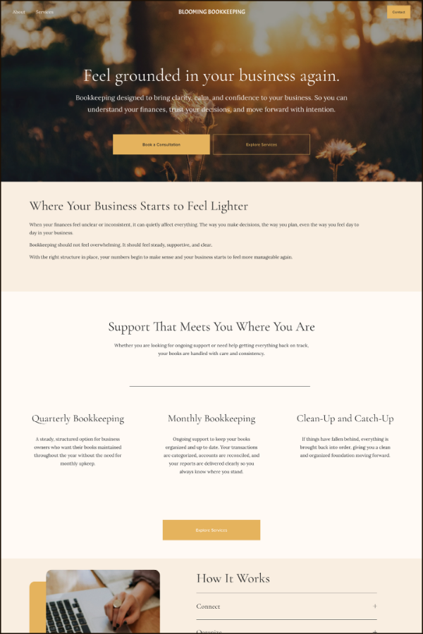 Warm feminine Squarespace bookkeeping website template with floral hero image and gold tones