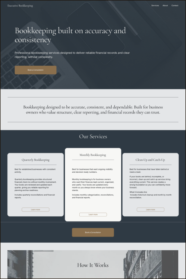 Executive Squarespace bookkeeping website template with dark navy design and elegant typography