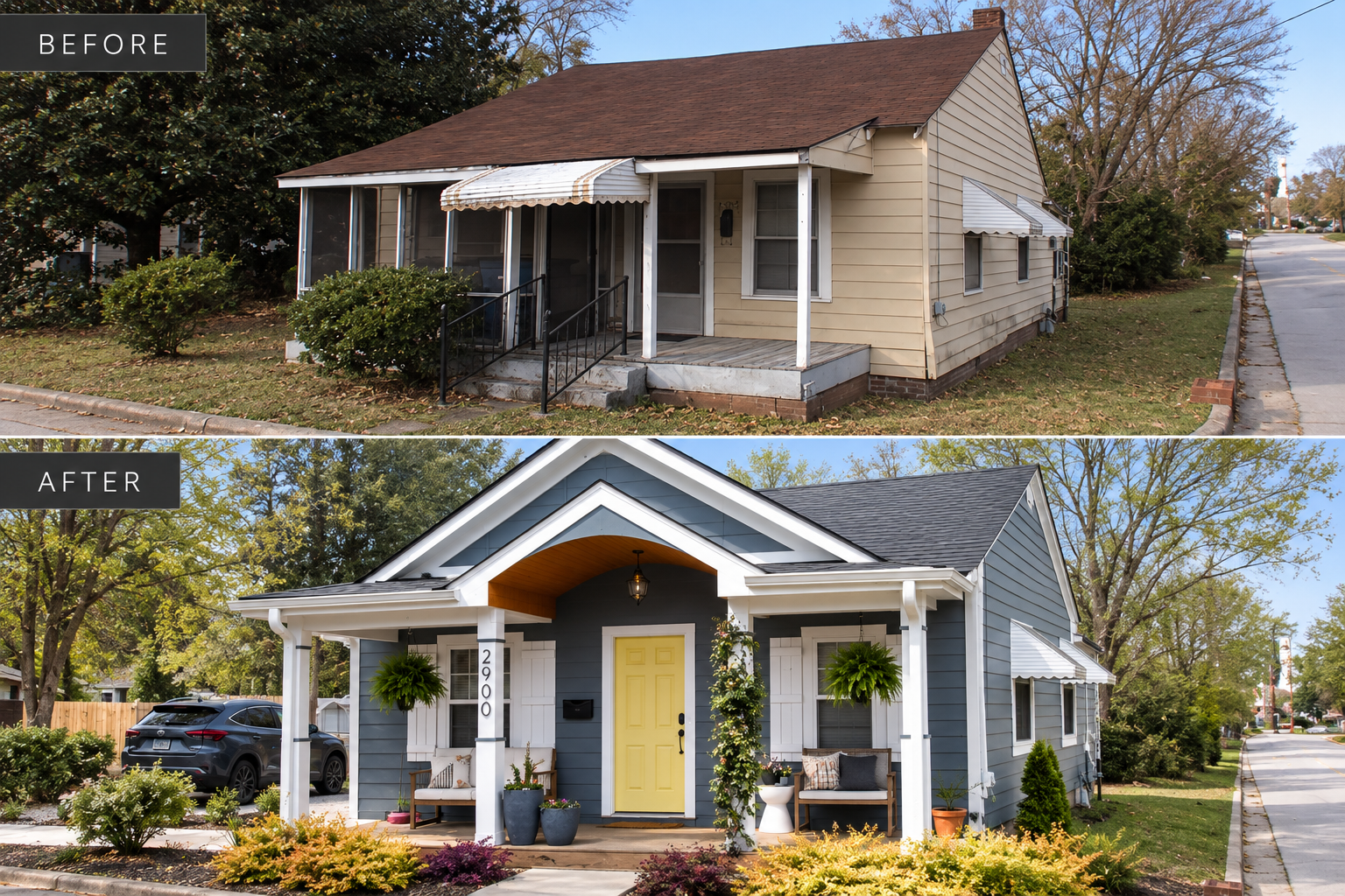 Comparison of a house before and after renovation. The 'before' image shows an older house with beige siding, a brown roof, and a small front porch with an awning. The 'after' image shows a beautifully updated house with dark gray siding, white trim, a yellow front door, new porch furniture, hanging plants, and a landscaped yard.
