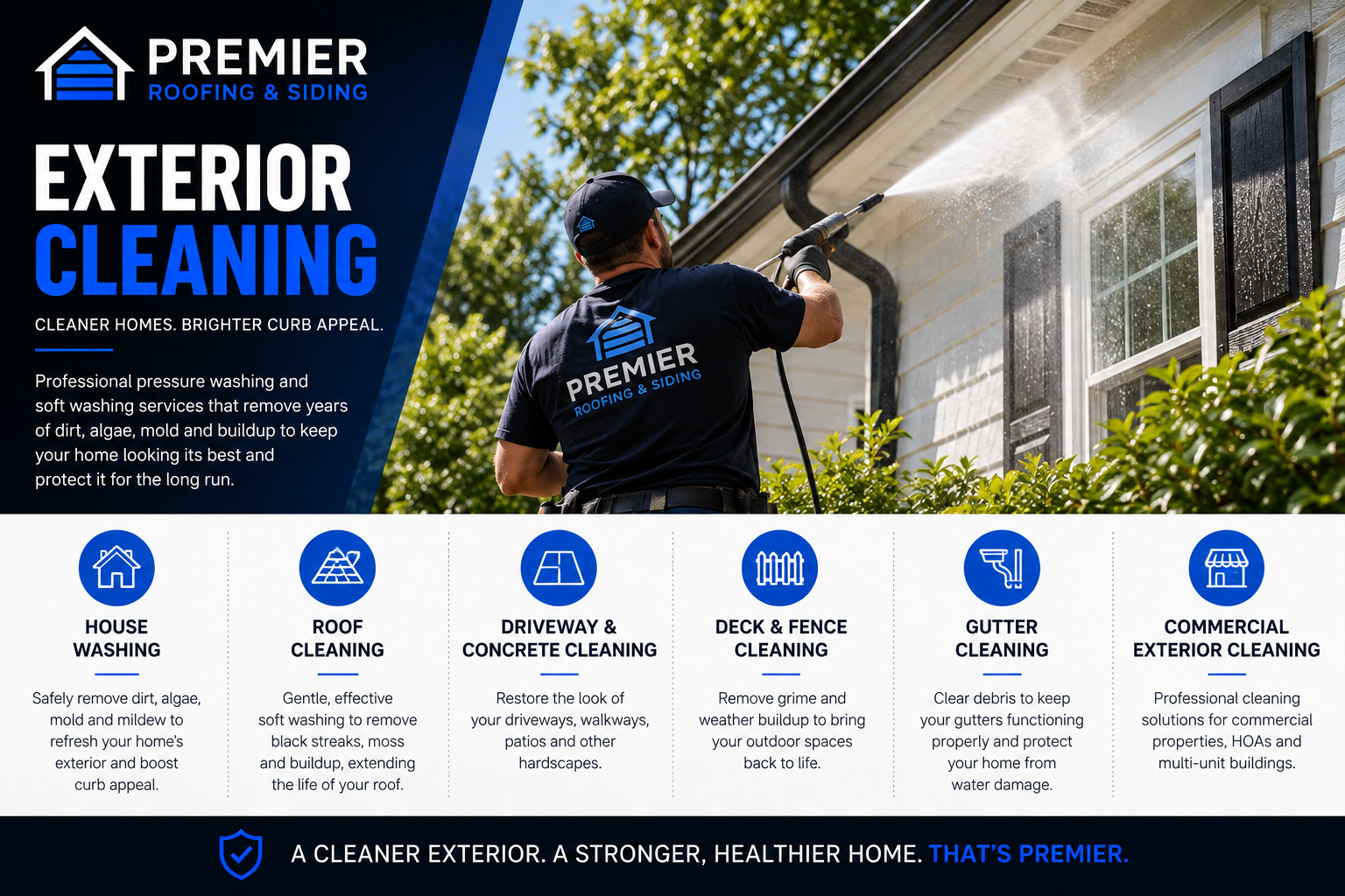 A man wearing a Premier Roofing and Siding shirt pressure washing the exterior of a house's wall and window with outdoor greenery in the background.
