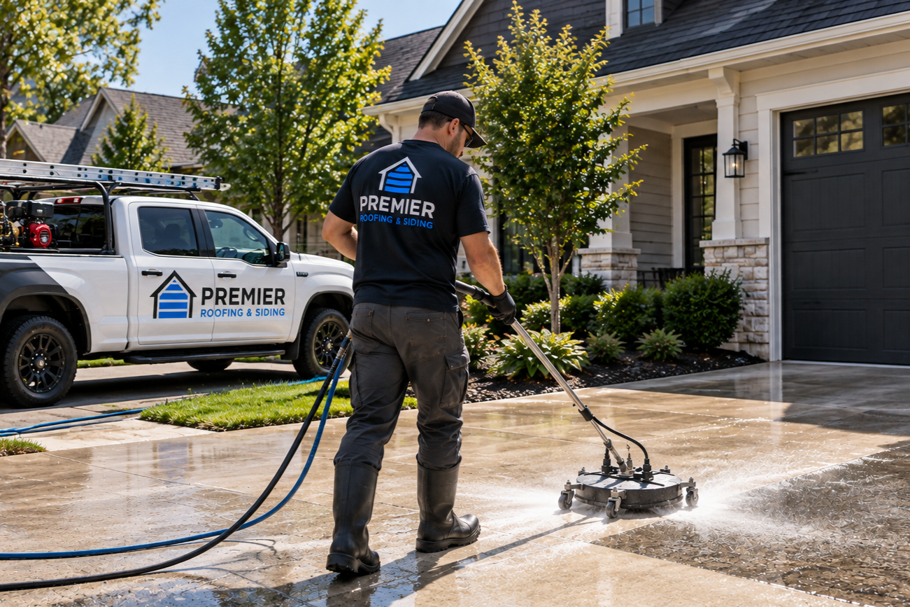 A man cleaning a concrete driveway with a power scrubber outside a house. He is wearing a black t-shirt and boots, with a white truck labeled 'Premier Roofing & Siding' parked nearby.