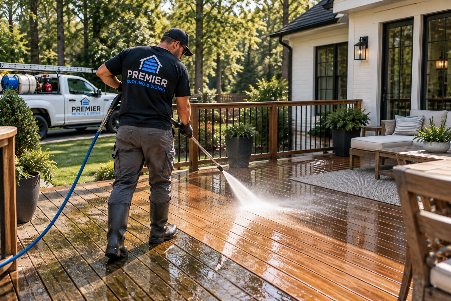 A worker pressure washing a wooden deck on a porch outside a house with outdoor furniture, potted plants, and a service truck parked nearby.