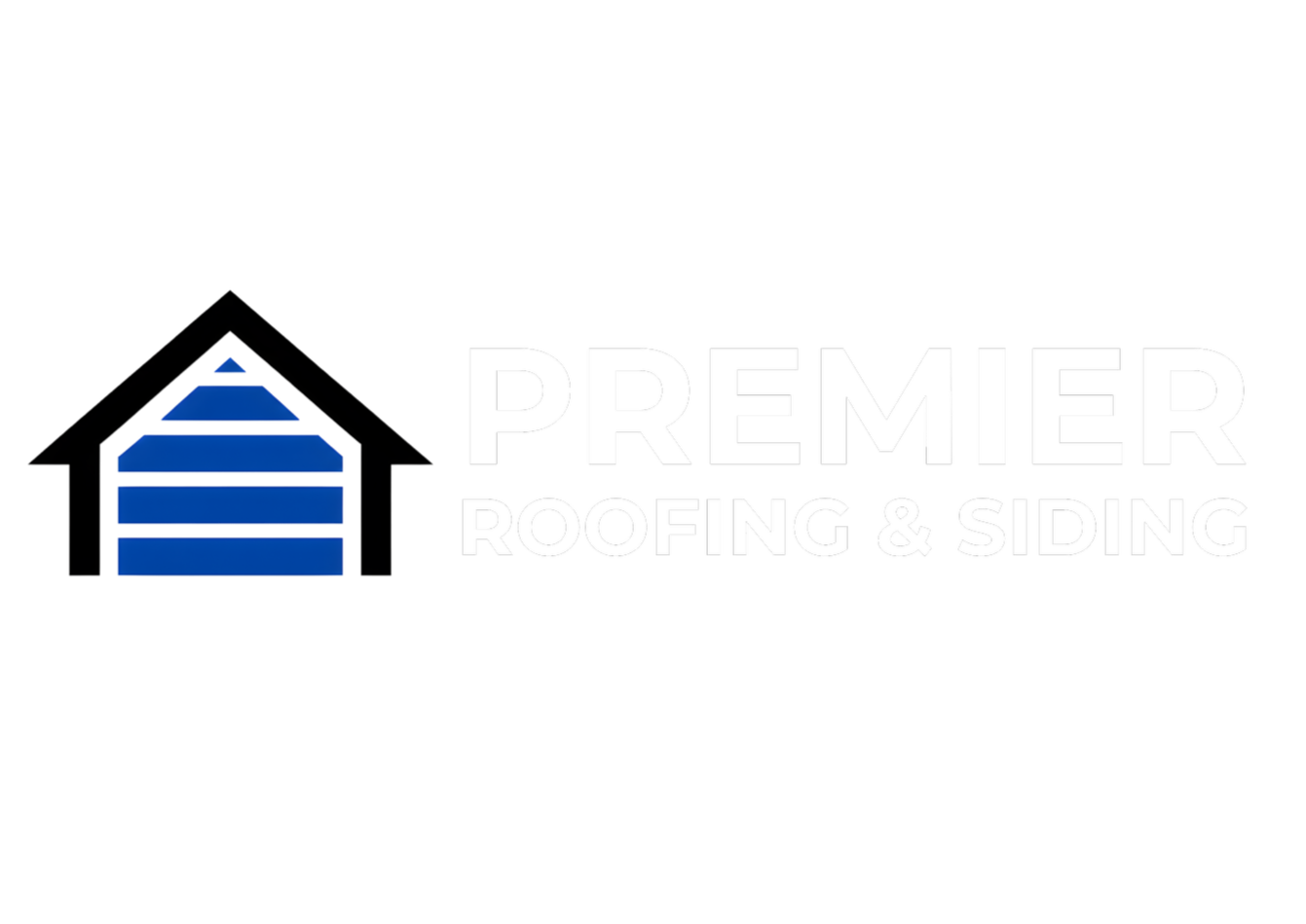 Logo for Premier Roofing & Siding featuring a stylized house with blue roofing panels.