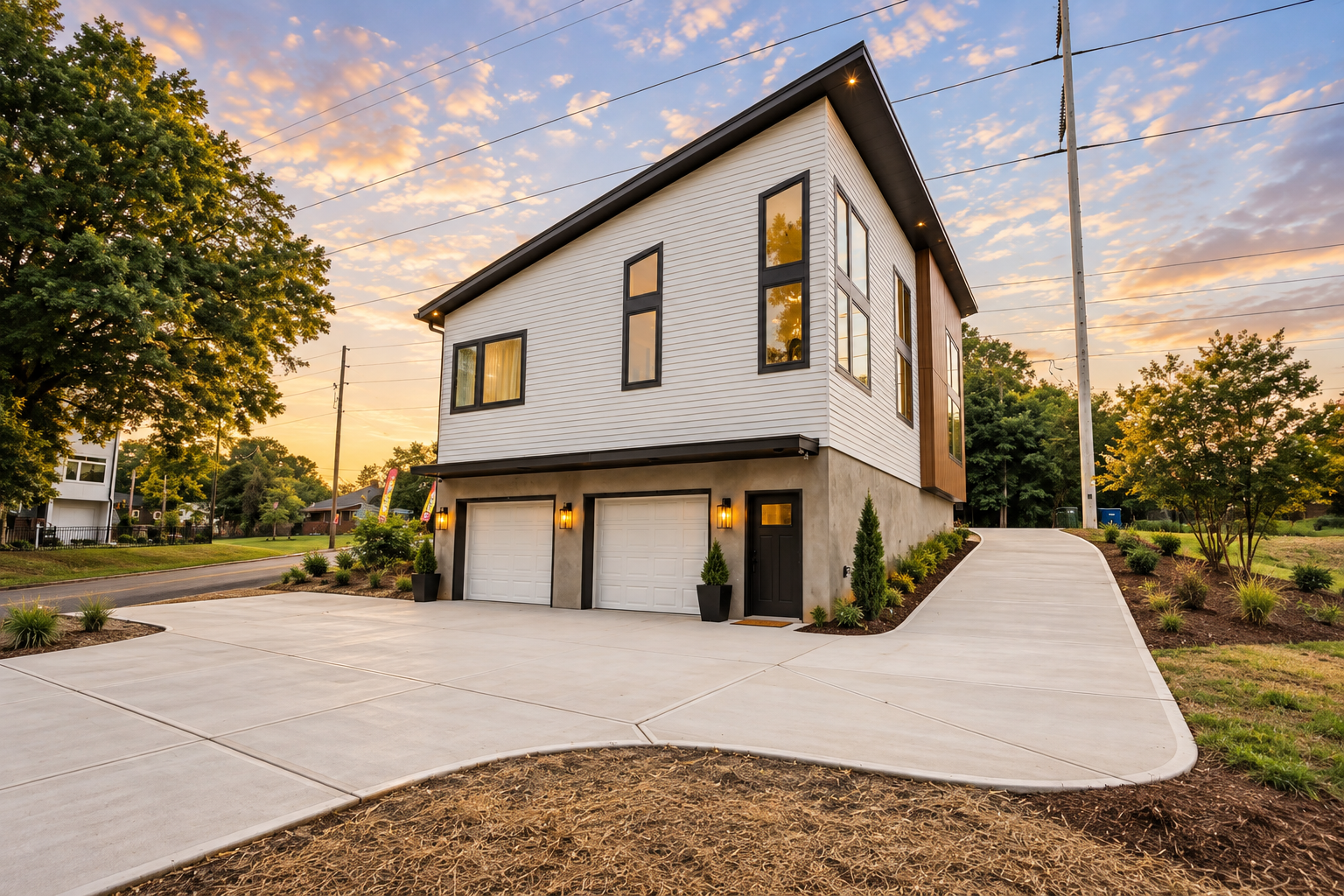 Modern two-story house with white siding and a concrete driveway at sunset. The house has large windows and a black front door, with landscaped plants around the entrance. There is a sidewalk and street to the left and trees in the background.