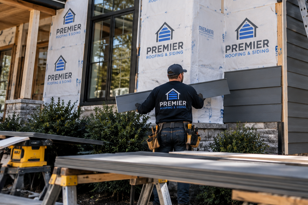 Construction worker installing exterior siding on a house.