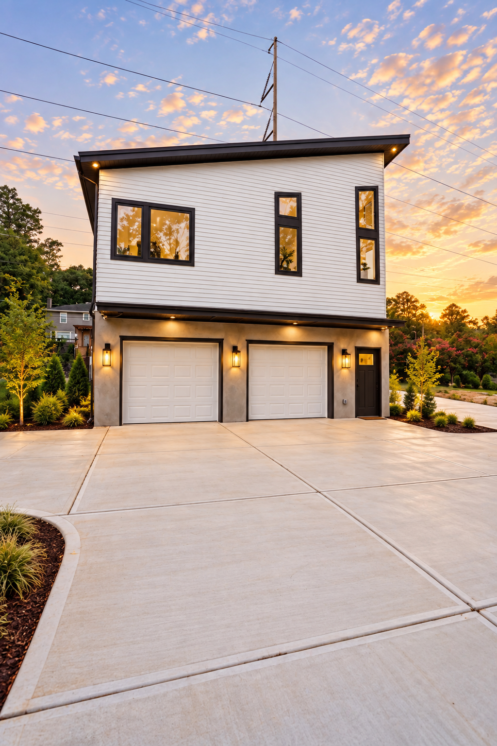 Modern two-story house with two garage doors, black-framed windows, and a black front door, illuminated by exterior lighting, set against a sunset sky with scattered clouds.