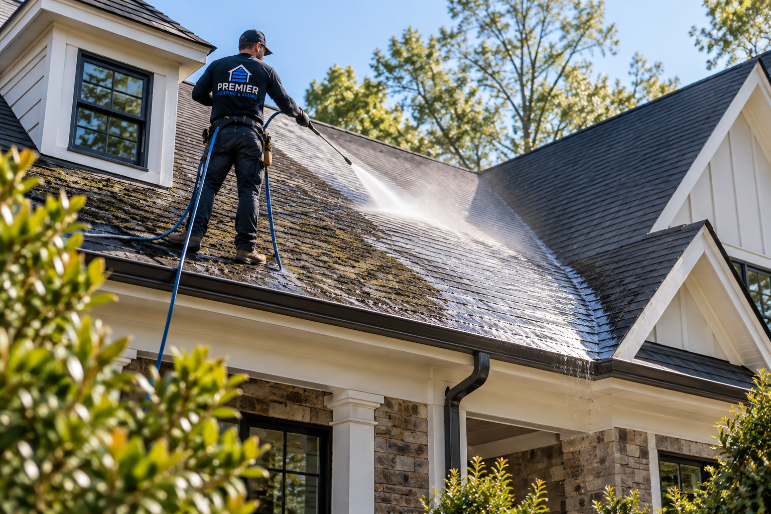 A worker pressure washing a mossy and dirty roof on a house, with trees and a blue sky in the background.