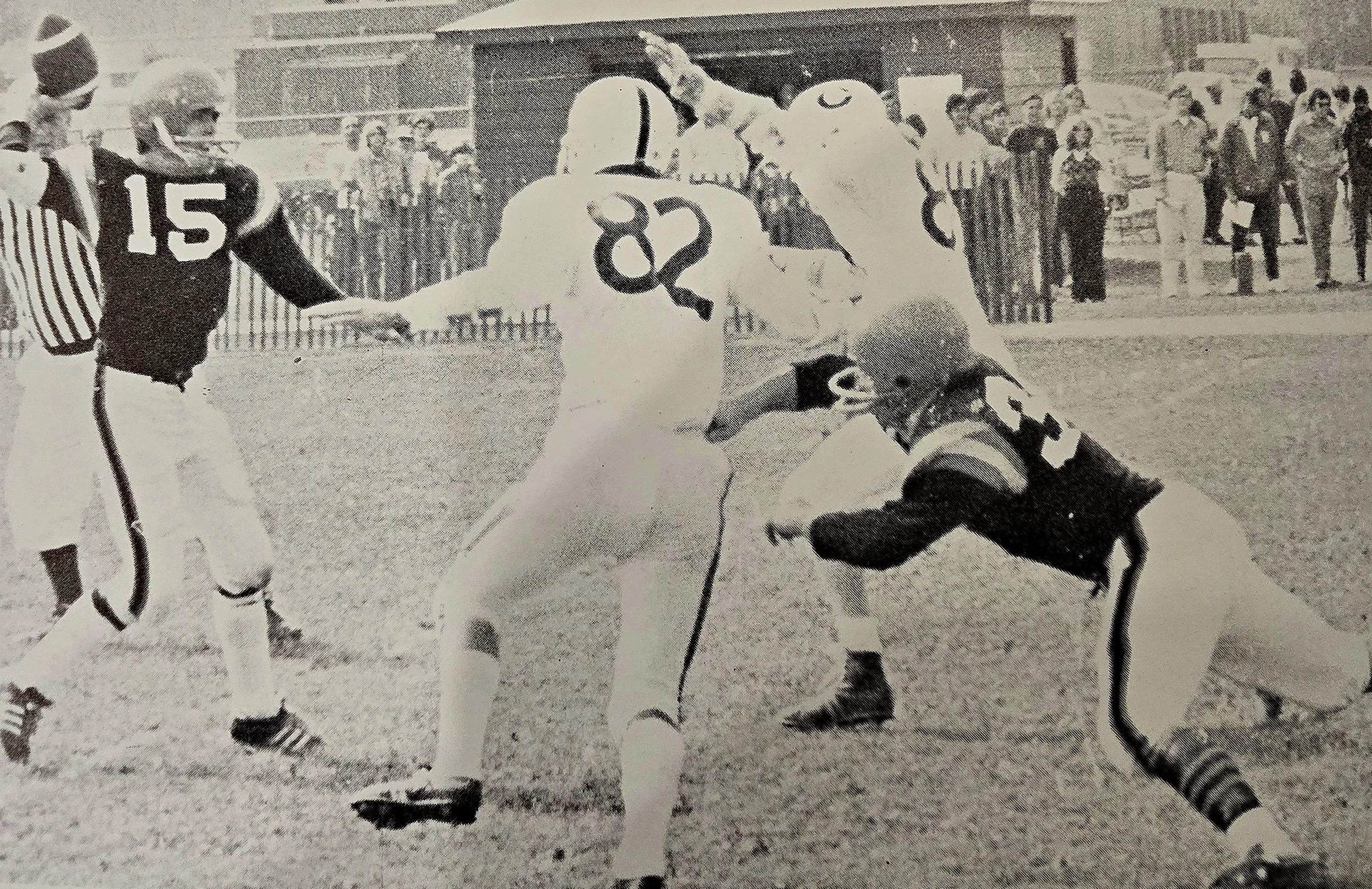 Chapter 5:  Heart Transplant recipient Frank Nappo (82) & childhood friend, about to crush me (15) during Amherst Tigers vs Clarence, Fall of 1972

