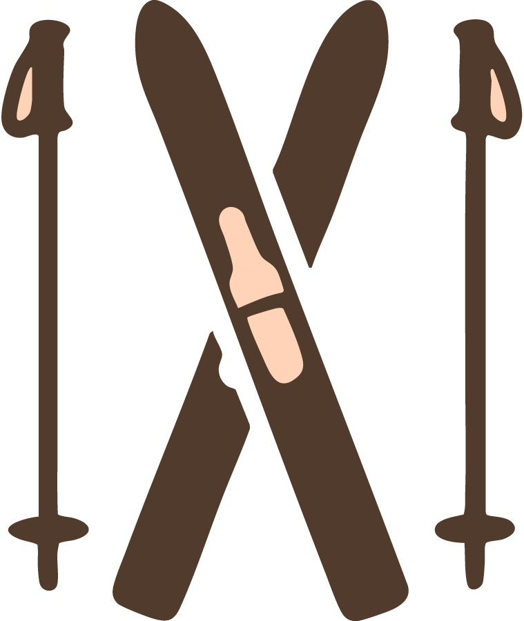 An illustration of two crossed brown skis with black bindings and two ski poles on either side.