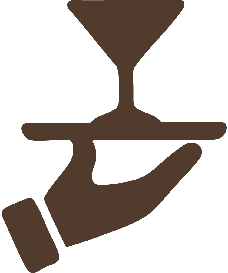 Silhouette of a hand holding a tray with a conical flask filled with liquid.