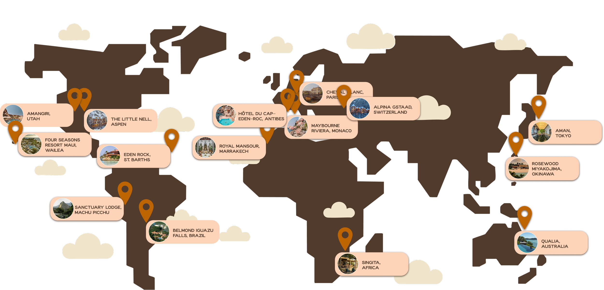 World map illustration with markers and labels denoting various travel destinations including Utah, Aspen, Maui, Marrakech, Japan, and Brazil, among others.