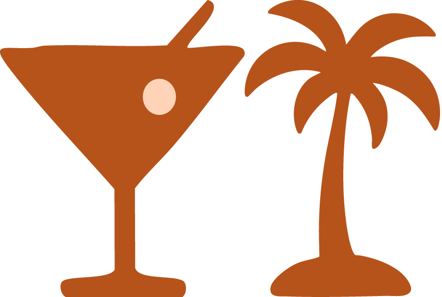 A graphic illustration of a cocktail glass with an olive and a straw next to a palm tree, representing a tropical or beach scene.