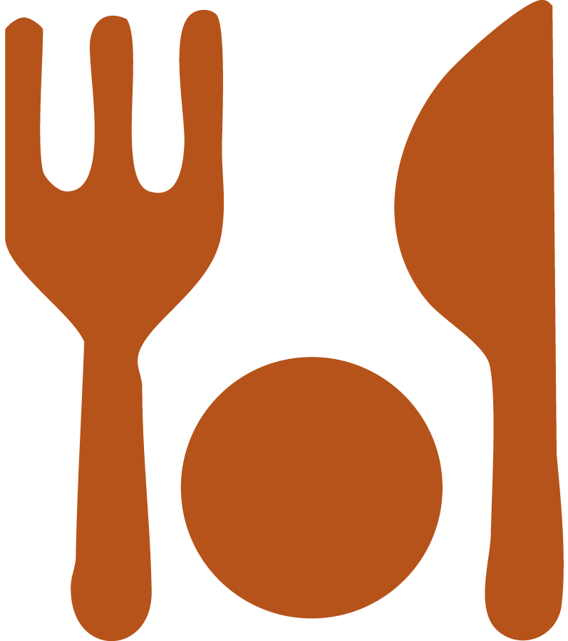 Illustration of a brown fork on the left, a brown spoon on the right, and a brown plate at the bottom, all arranged to form a face with the black background.