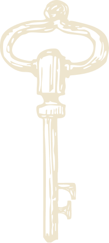 A vintage-style illustration of a key with a round bow and a long shaft, shown in a beige color on a black background.