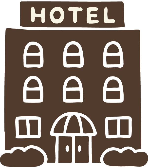 Drawing of a hotel building with multiple windows, a main entrance with an awning, and a sign reading 'HOTEL' at the top.