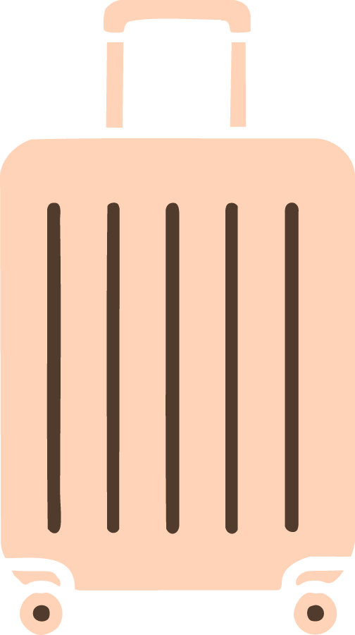 Illustration of a pink rolling suitcase with a handle and wheels.
