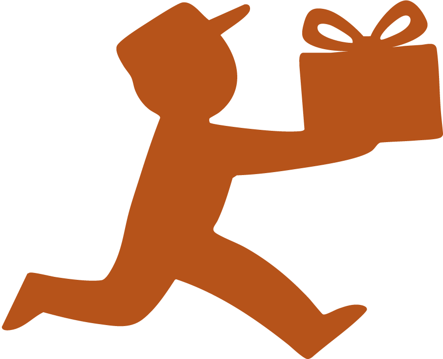 Silhouette of a person running while holding a gift box with a bow.