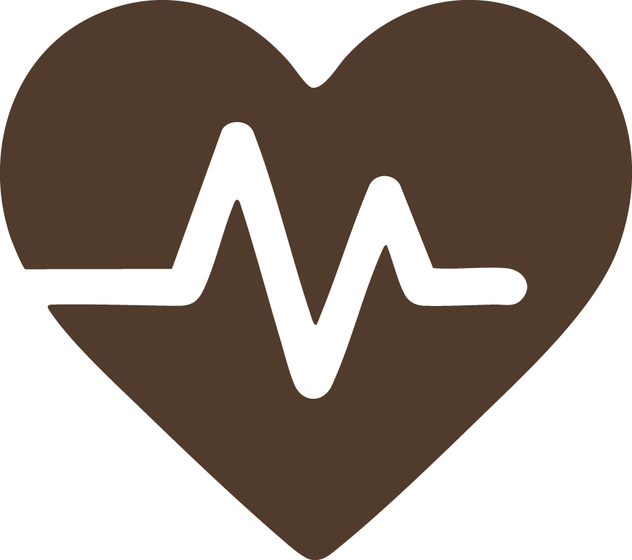 A brown heart with a black electrocardiogram line running through it.