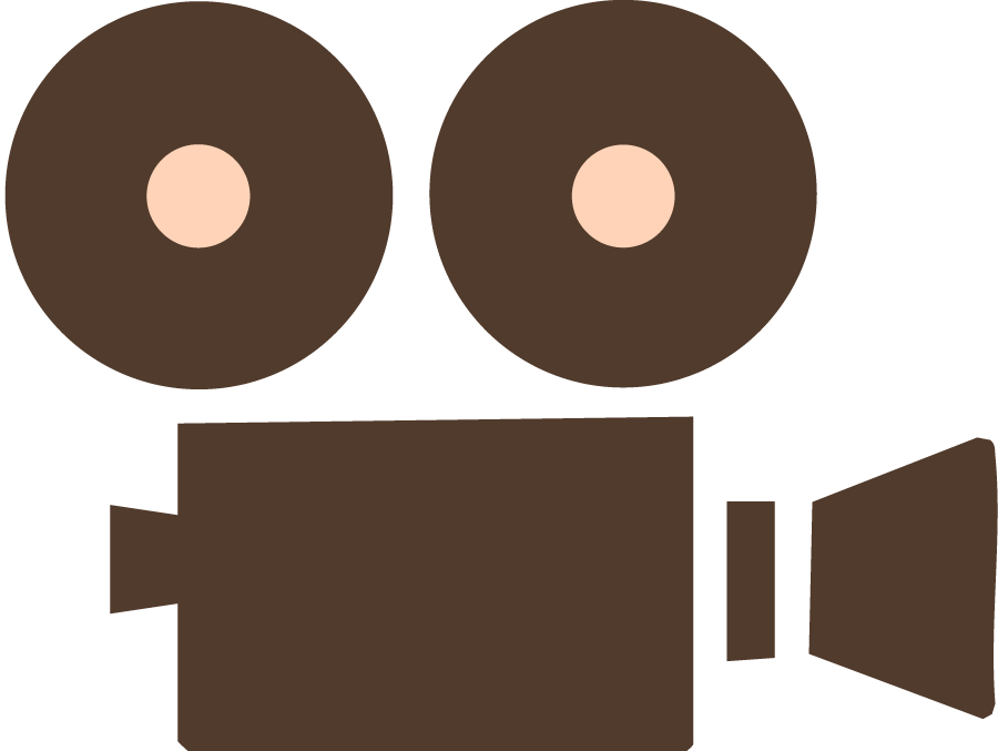 A simple, cartoon-style illustration of a vintage film camera with two large reels on top and a rectangular body.