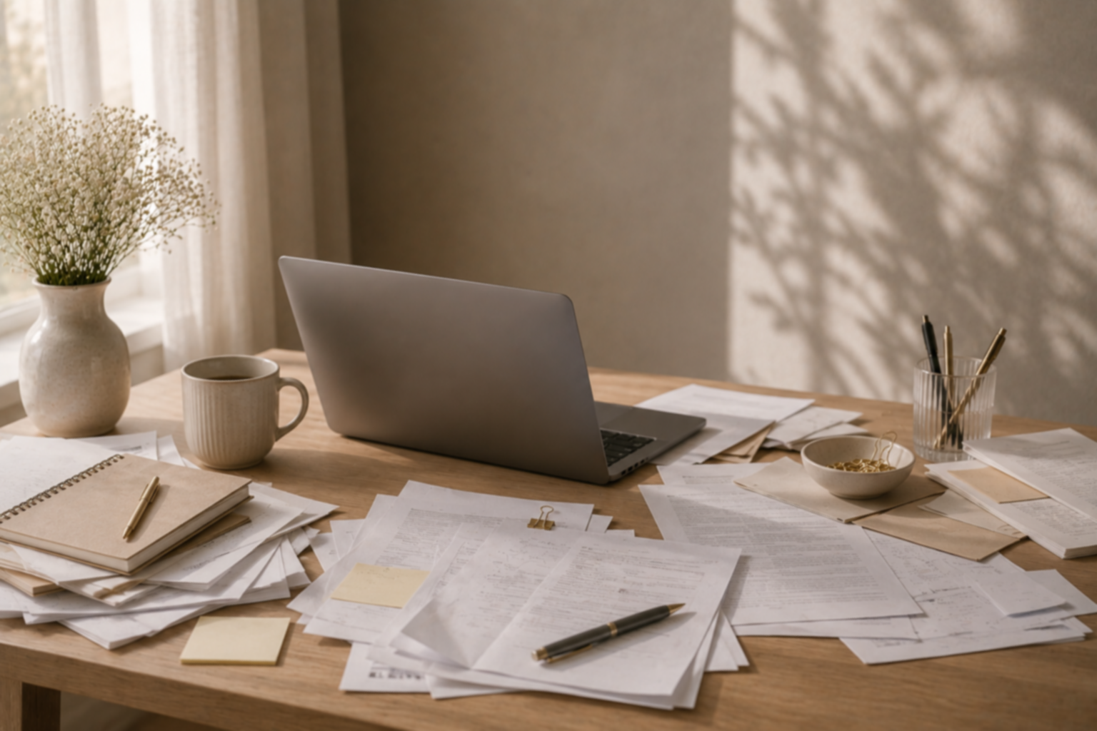 Messy wooden desk with scattered papers, a laptop, a mug, a bowl of snacks, a notebook with pen, and a vase with flowers, in a room with natural light and shadows on the wall.