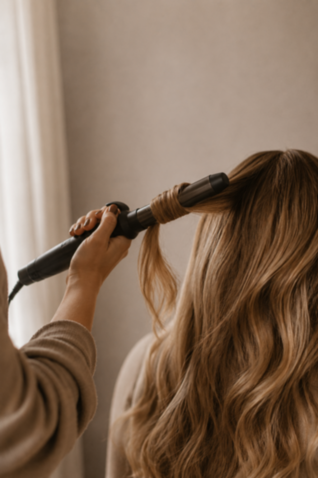 Person styling hair with a curling iron, creating waves in long, light brown hair.