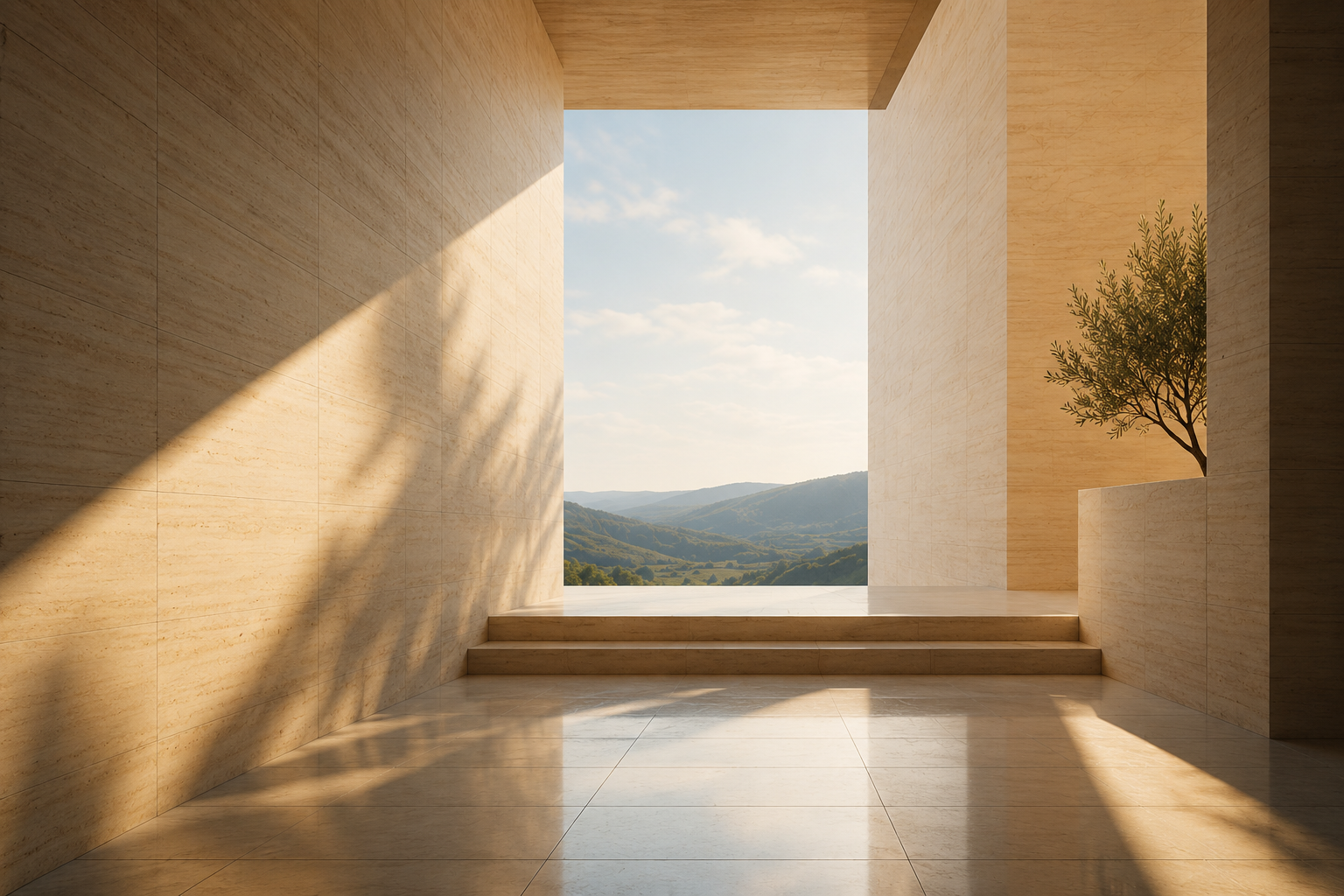 A modern minimalist architectural space with beige stone walls and floors, open view of distant mountains, and a small potted tree on the right side.