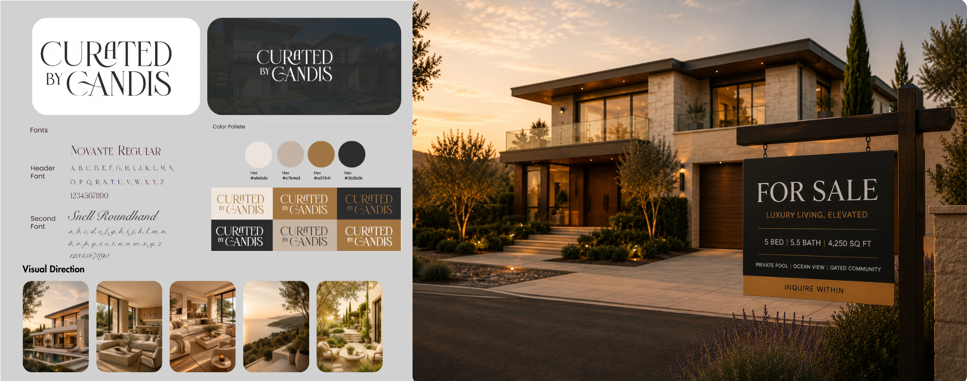 Curated by Candis brand style guide, luxury real estate branding, logo system, visual identity, and marketing assets created by Maison Marketing House