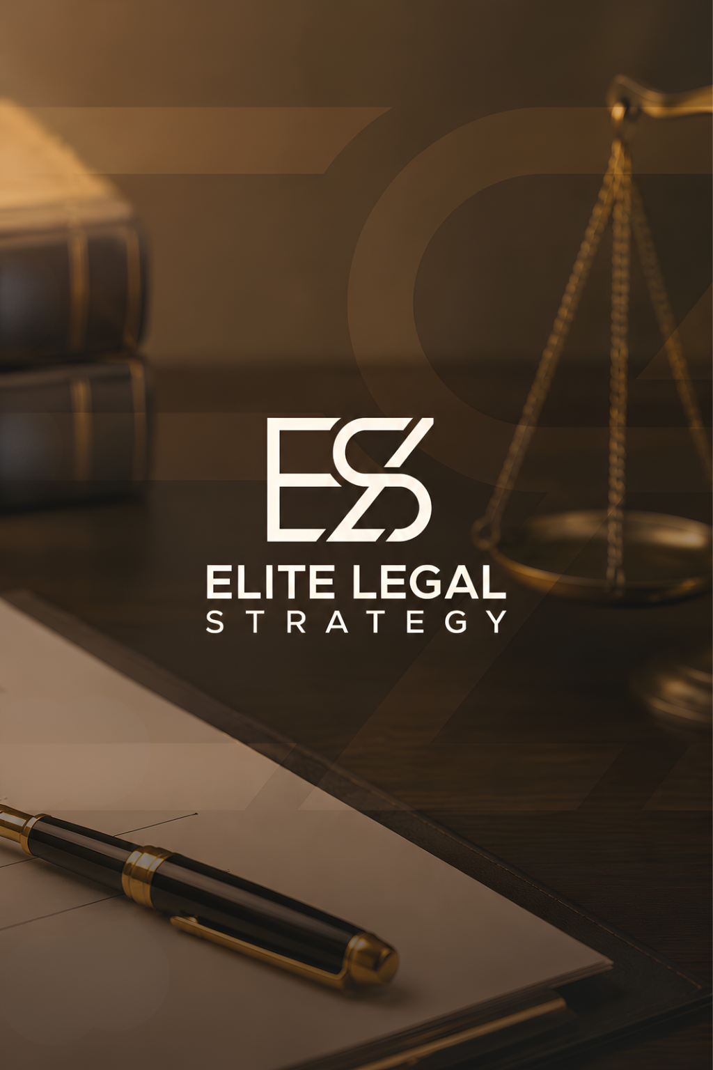 A close-up of a pen and a legal document on a desk with a scale of justice in the background. The text reads 'Elite Legal Strategy' with a logo.