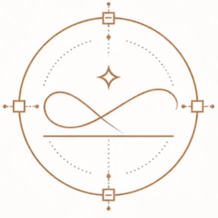 A minimalist geometric design featuring a large circle, four smaller squares at the top, bottom, left, and right, connected to the circle's perimeter with dotted lines, and an infinity symbol in the center with a decorative star above it.