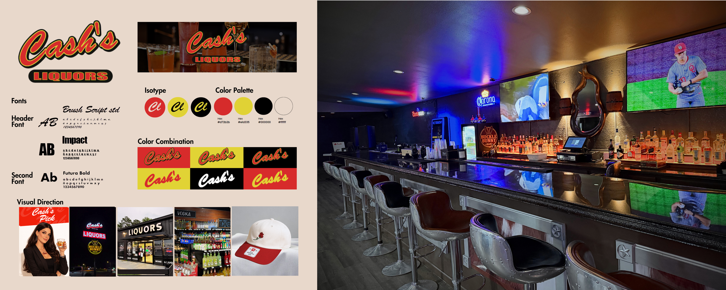 Cash's Liquors brand style guide, store branding assets, merchandise concepts, photography direction, and retail marketing materials created by Maison Marketing House