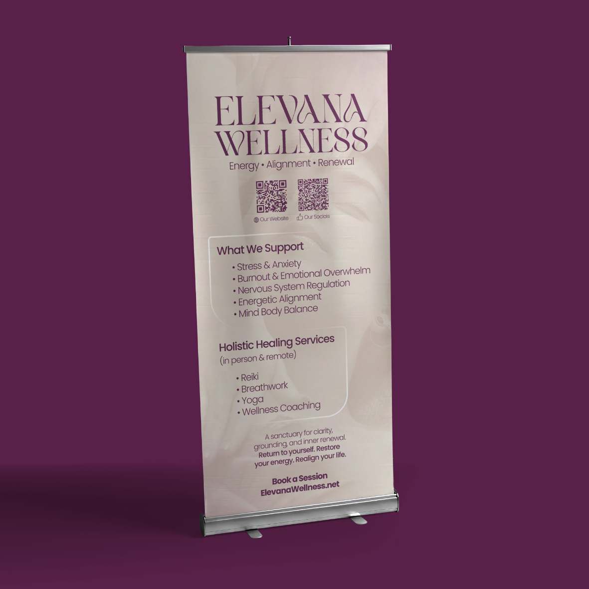 Vertical banner for ELEVANA WELLNESS with services offered including stress and anxiety support, holistic healing services like Reiki and yoga, and contact info with QR codes.