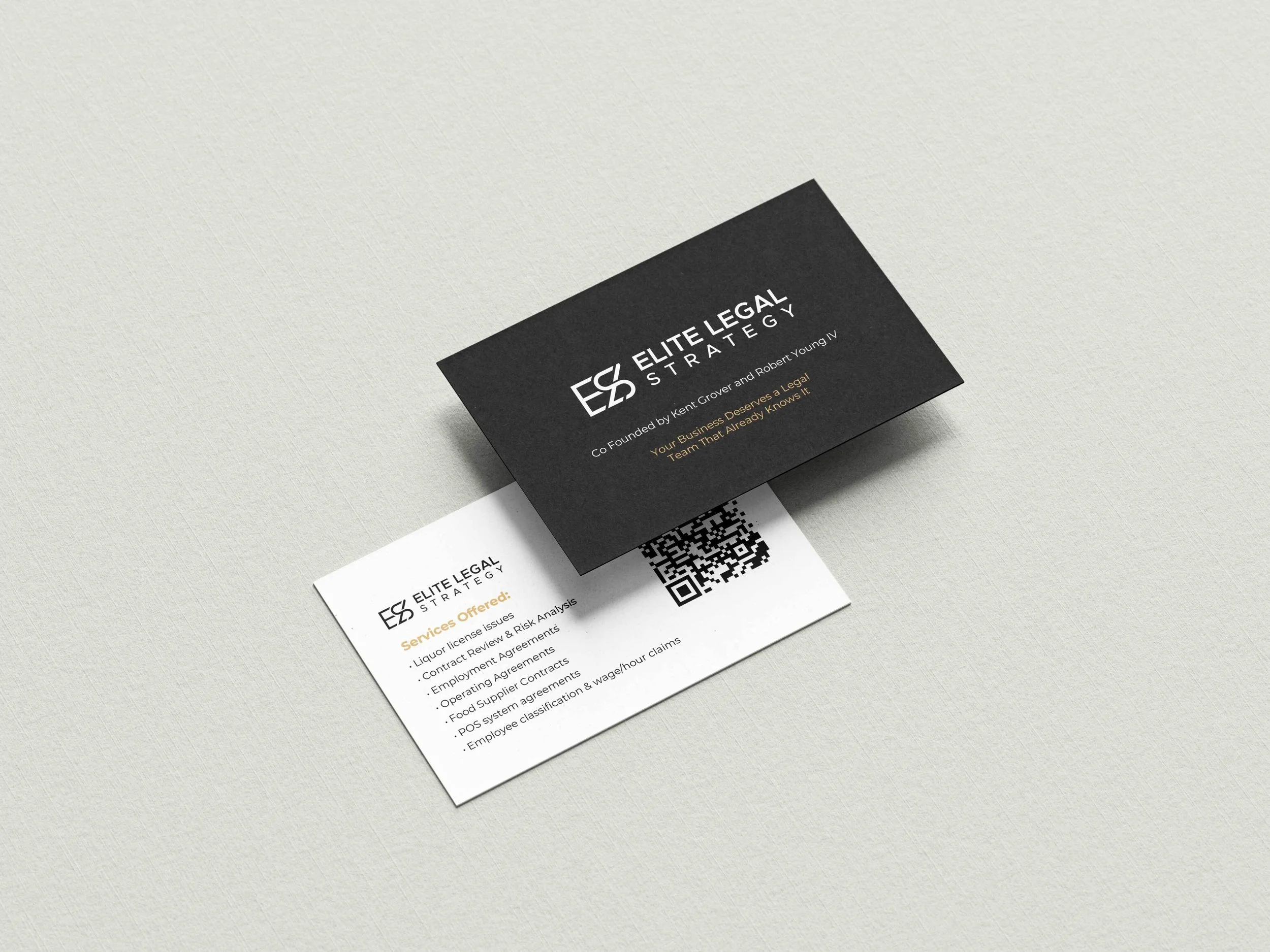 Business cards for Elite Legal Strategy, one black and one white, with a QR code and service list.