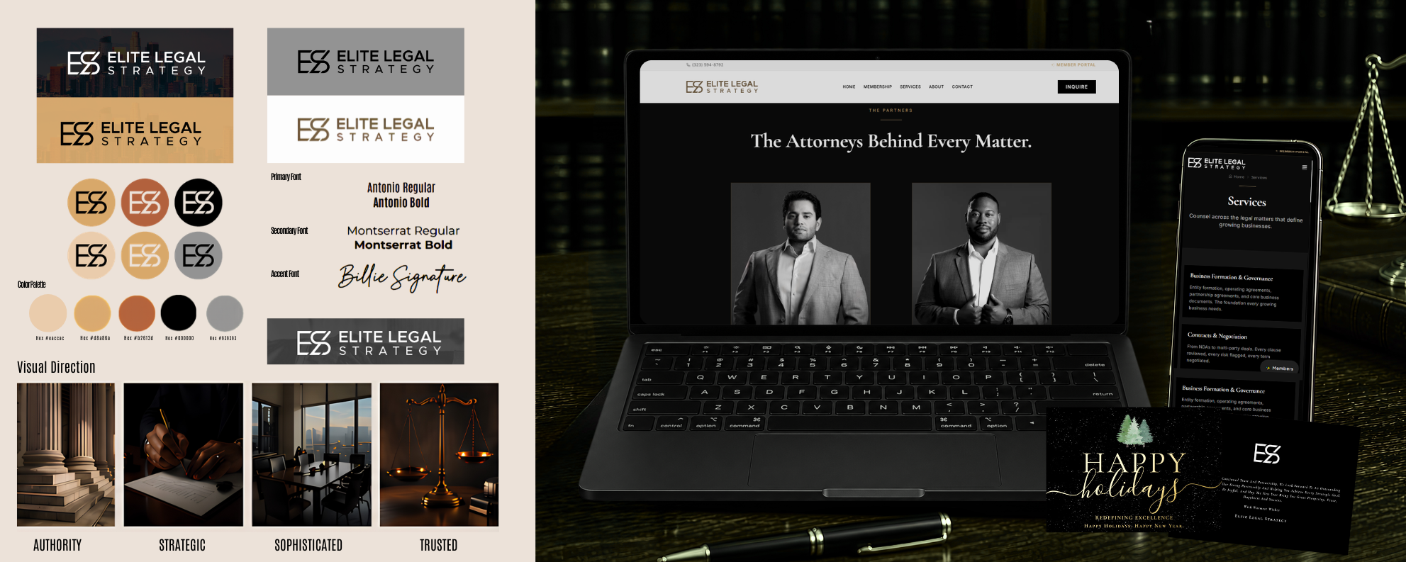 Elite Legal Strategy brand style guide featuring logo usage, typography, color palette, and visual identity standards