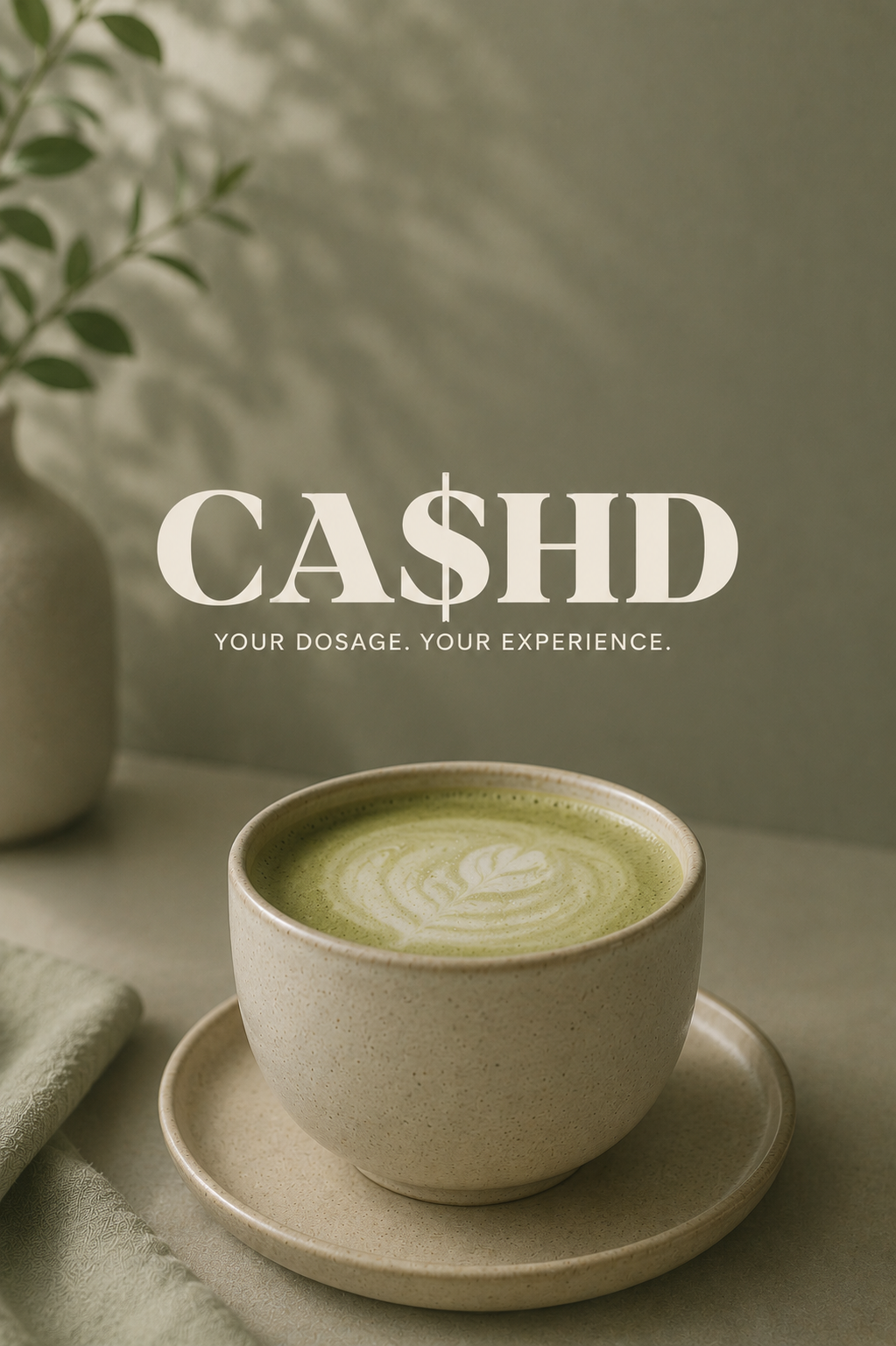A beige ceramic cup filled with green matcha latte on a matching saucer, with a light green napkin beside, in front of a gray background with a potted plant on the left, and the words 'CASHD' with a dollar sign in the 'S', and 'Your dosage. Your experience.' underneath.