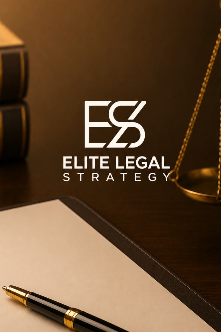 A desk with a gold pen, a stack of black and gold books, a blank notepad, and a set of scales, with the logo of Elite Legal Strategy in the center.