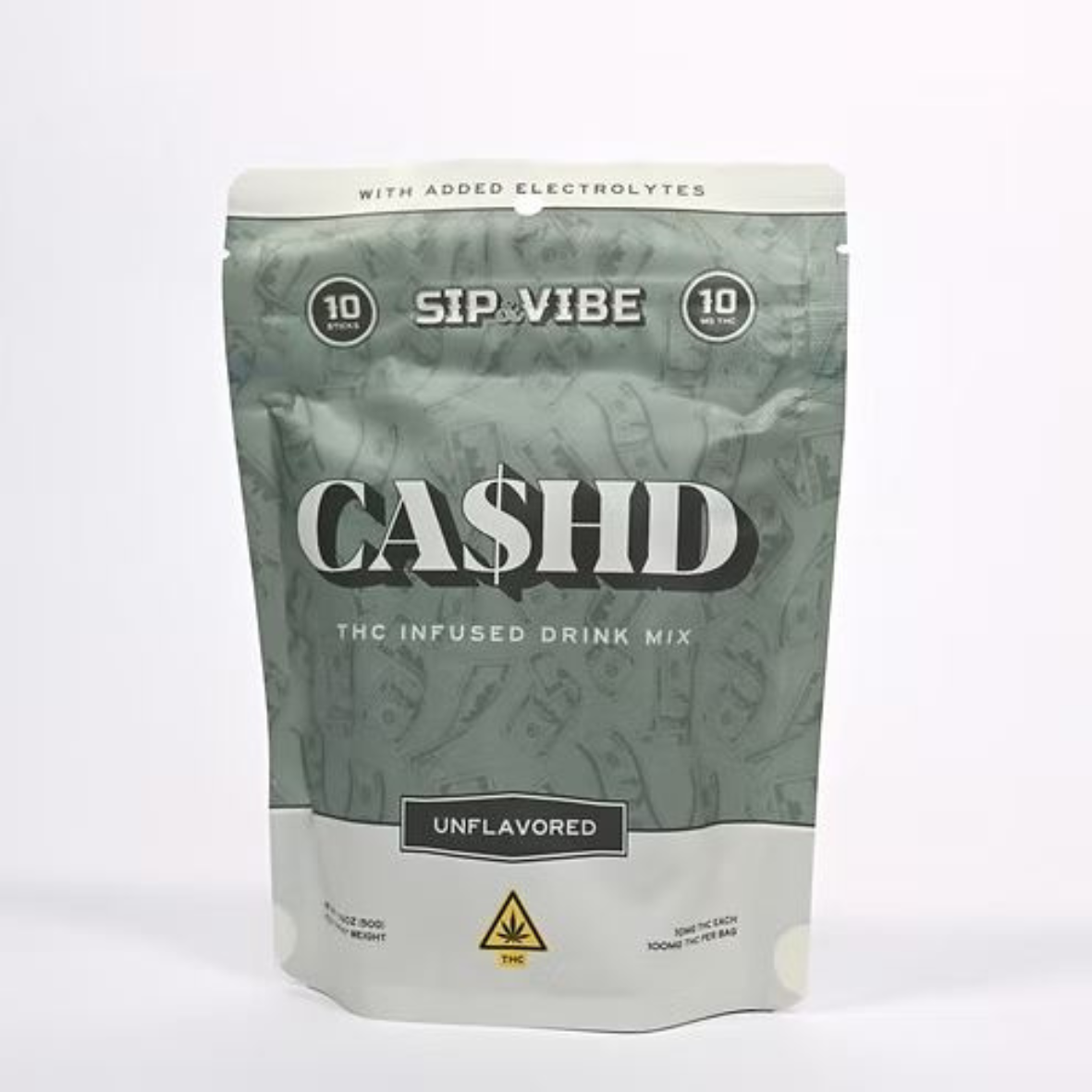 Package of CBD drink mix labeled 'C$H$D' with added electrolytes and THC, in unflavored variety, featuring a gray design with black and white text.