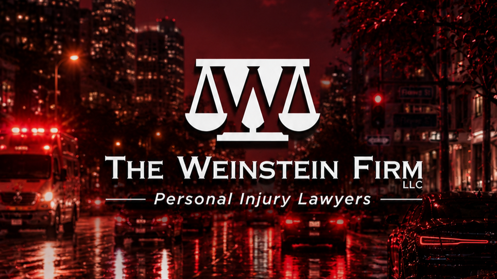 The Weinstein Firm LLC logo with slogan Personal Injury Lawyers over a city street at night, illuminated by red lights from emergency vehicles and traffic.