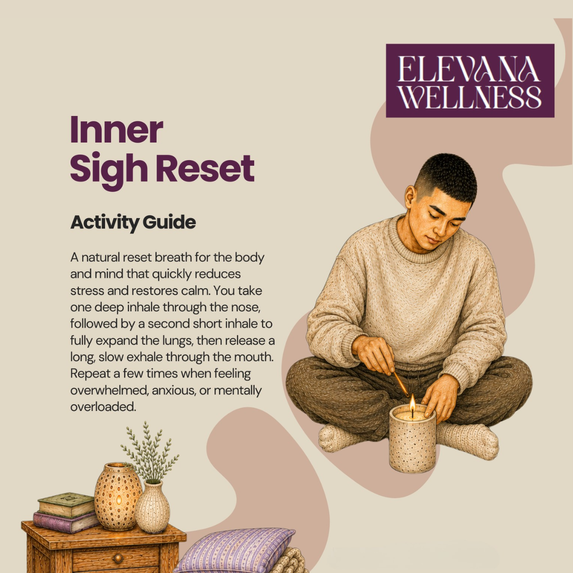A wellness activity guide titled "Inner Sigh Reset" showing a woman seated on the floor with crossing legs, using a match to light a candle, with a small wooden table holding a vase with greenery, candles, and books nearby.