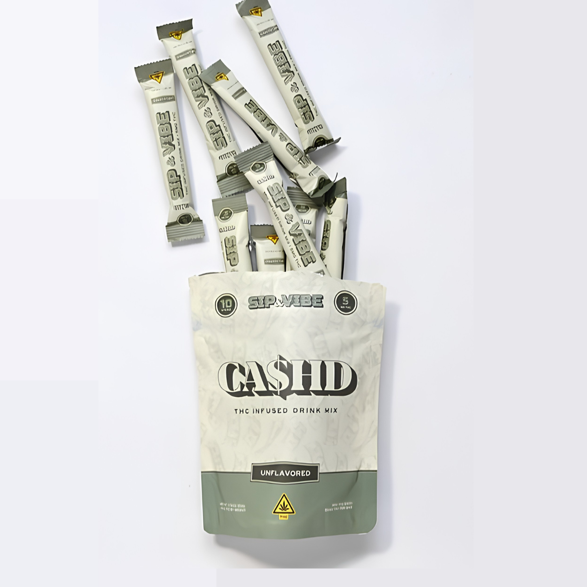 Packaged THC-infused drink mix labeled 'CASH$ID' with multiple silver and white powder sticks spilling out.