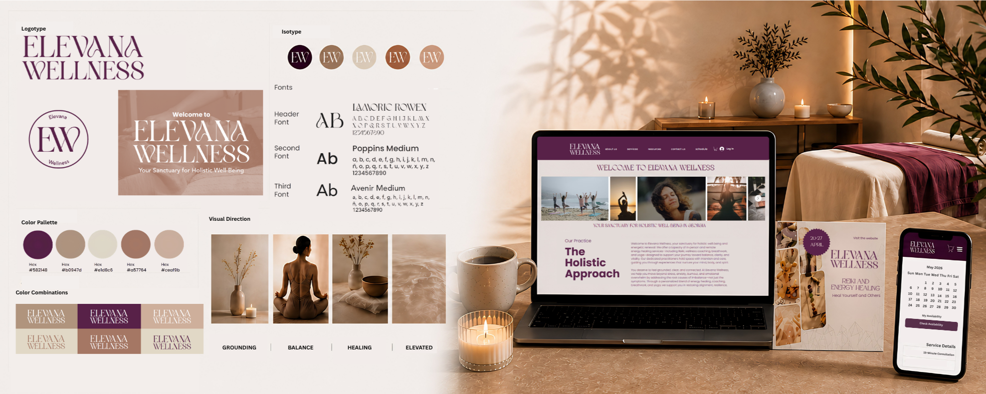 Elevana Wellness brand style guide, website design, visual identity system, typography, color palette, and wellness brand assets created by Maison Marketing House