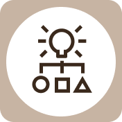 Icon of a light bulb connected to flowchart symbols on a beige background.
