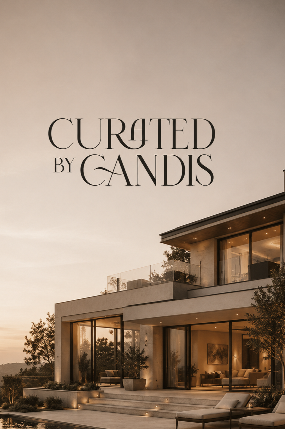 A modern house with large glass windows and a spacious outdoor patio, illuminated at sunset, with trees and a pool nearby, and the words 'Curated by Gandis' written in stylized black font.